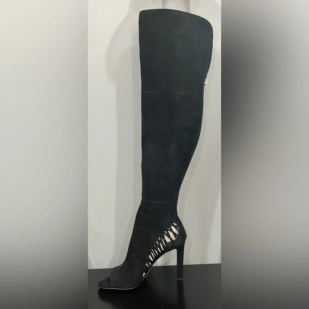 NIB VINCE CAMUTO Shassa Black Suede Open Toe Over-The-Knee Stiletto Heel Boots